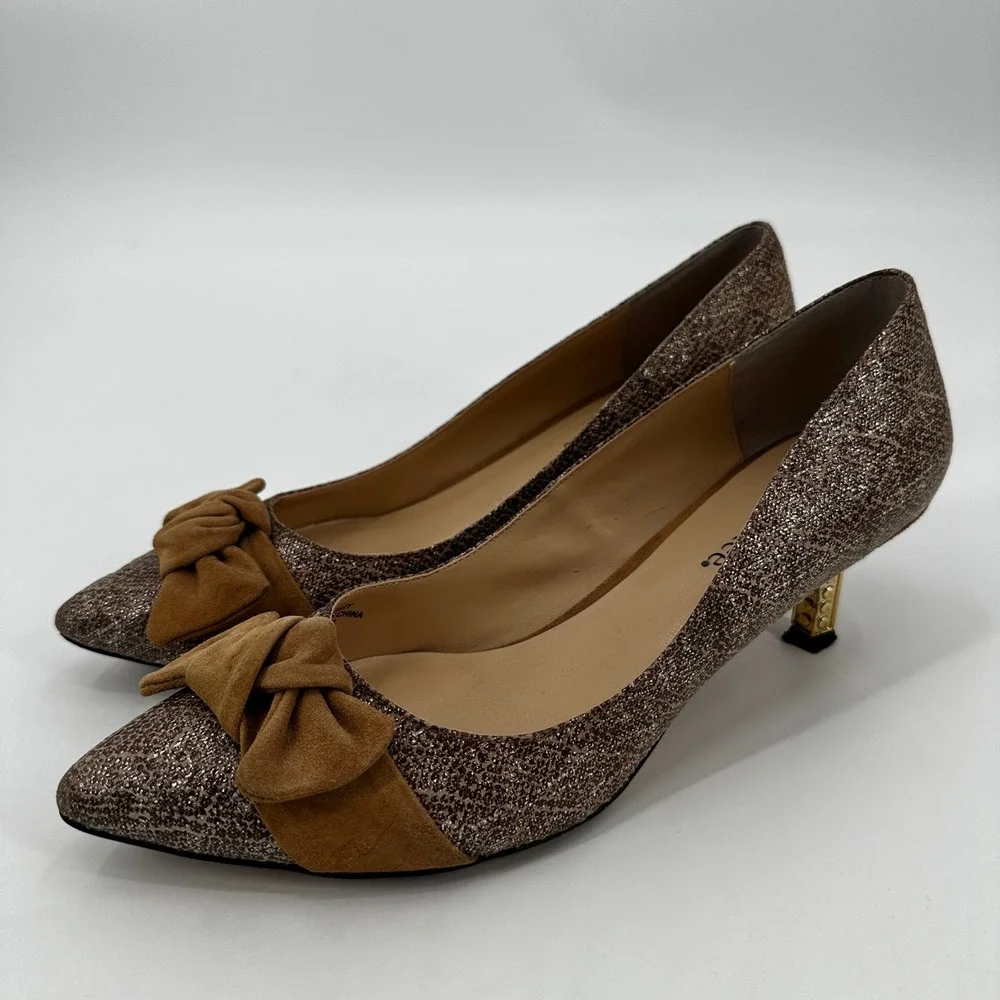J. Renee‎ Bronze Metallic Bow Pointed Toe Kitten Heels Gold Studded Heel 9.5M